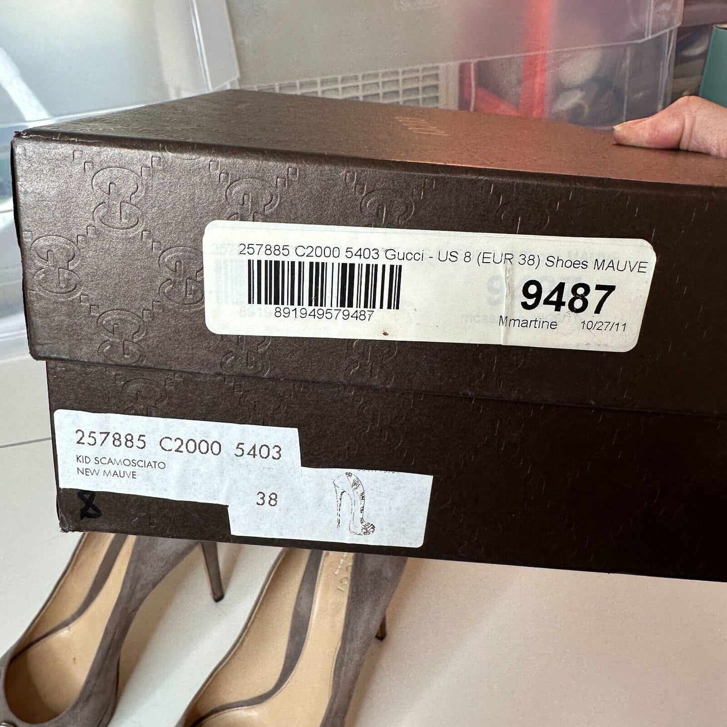 Gucci Kid Scamosciato New Mauve Gray Suede Horsebit Open Toe Stiletto Heel 38