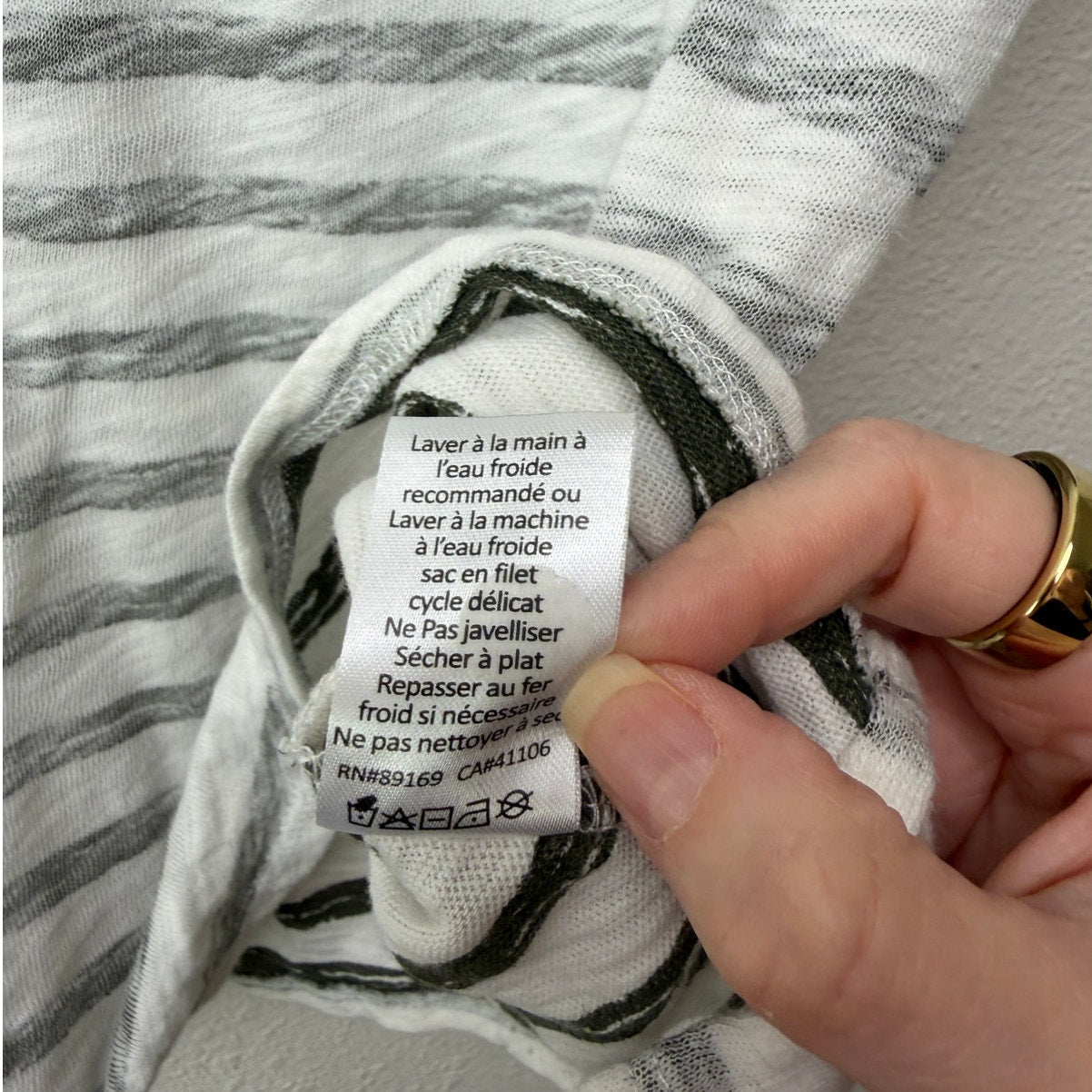 ATM Cream and Green Gray Striped Round Neck Short Sleeve T-shirt