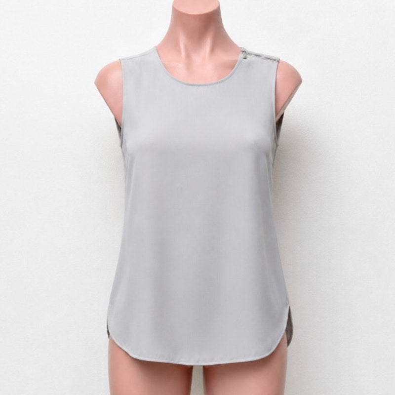 Stone Gray Sleeveless Blouse Shoulder Zip Detail Split Curve Hem Light Weight S