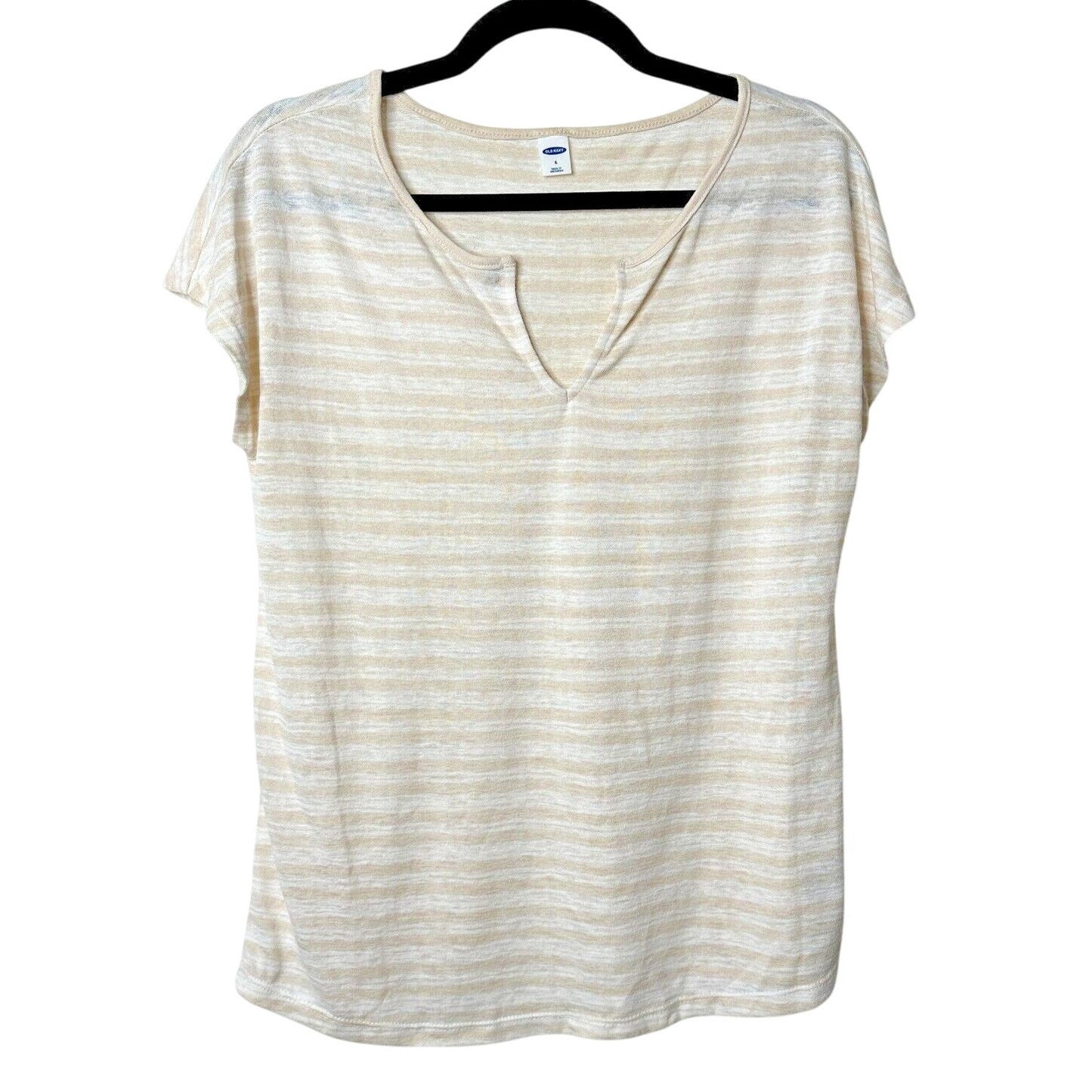 Old Navy Cream and White Striped V-Split Neck Tee Blouse Capped Sleeve Small