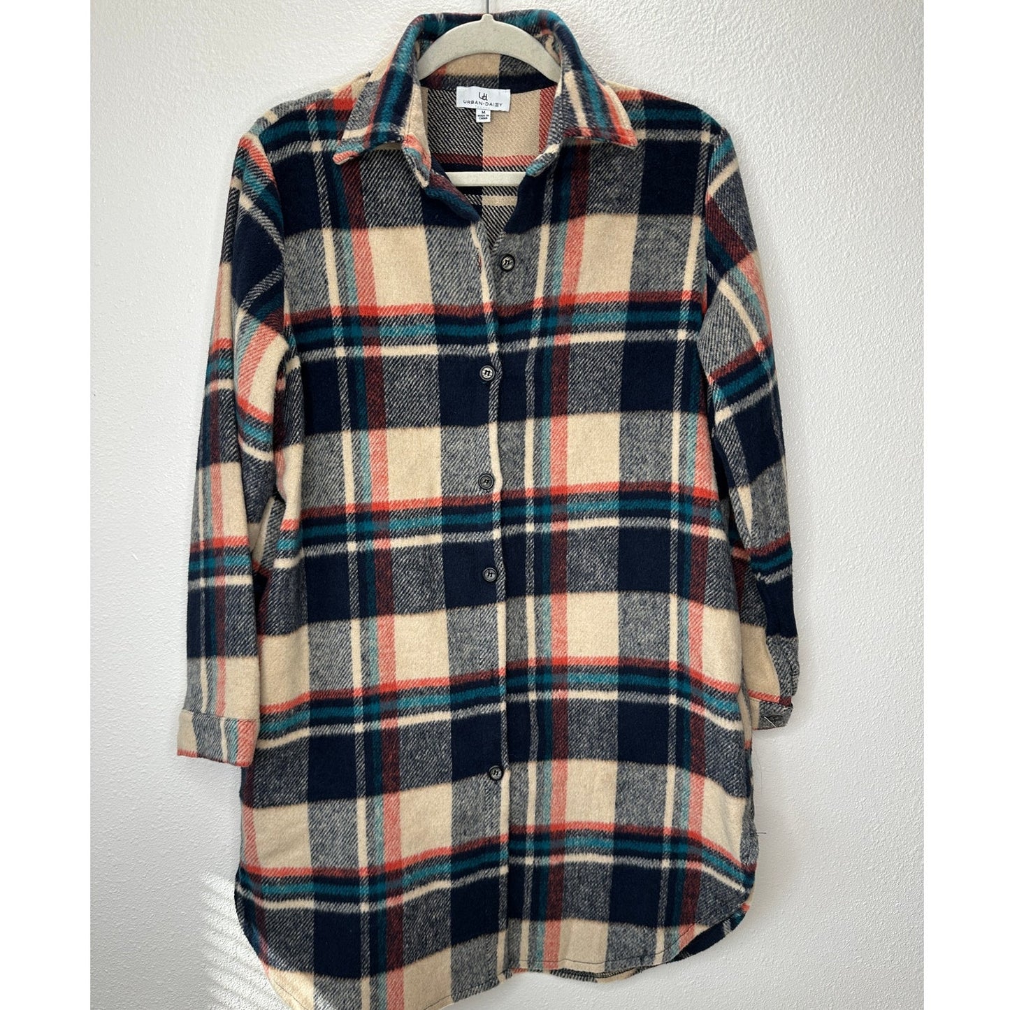 Urban Daizy Tan Navy Orange Plaid Button Long Sleeve Shacket M