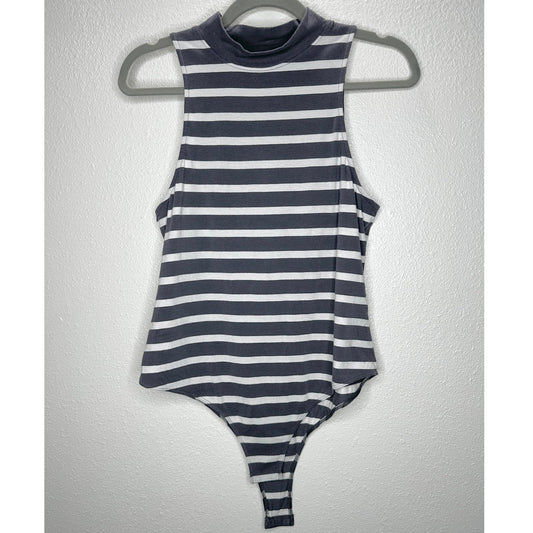 Abound Gray & White Stripe Sleeveless Mock Neck Bodysuit L