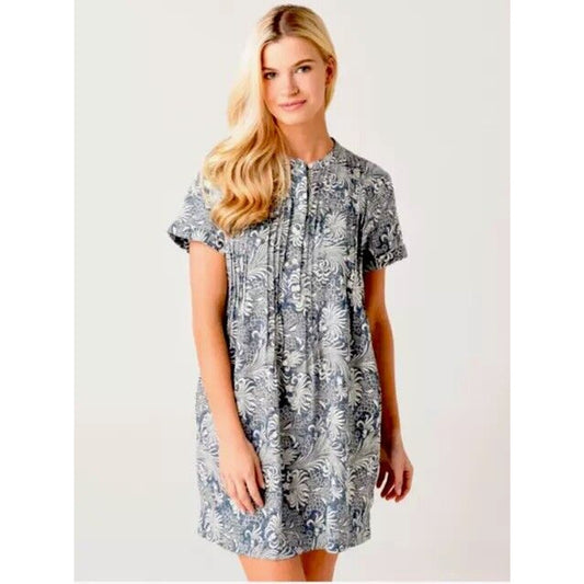 Faherty Cream & Blue Hawaiian Print Gemina Tunic Dress Split VNeck Short Sleeve