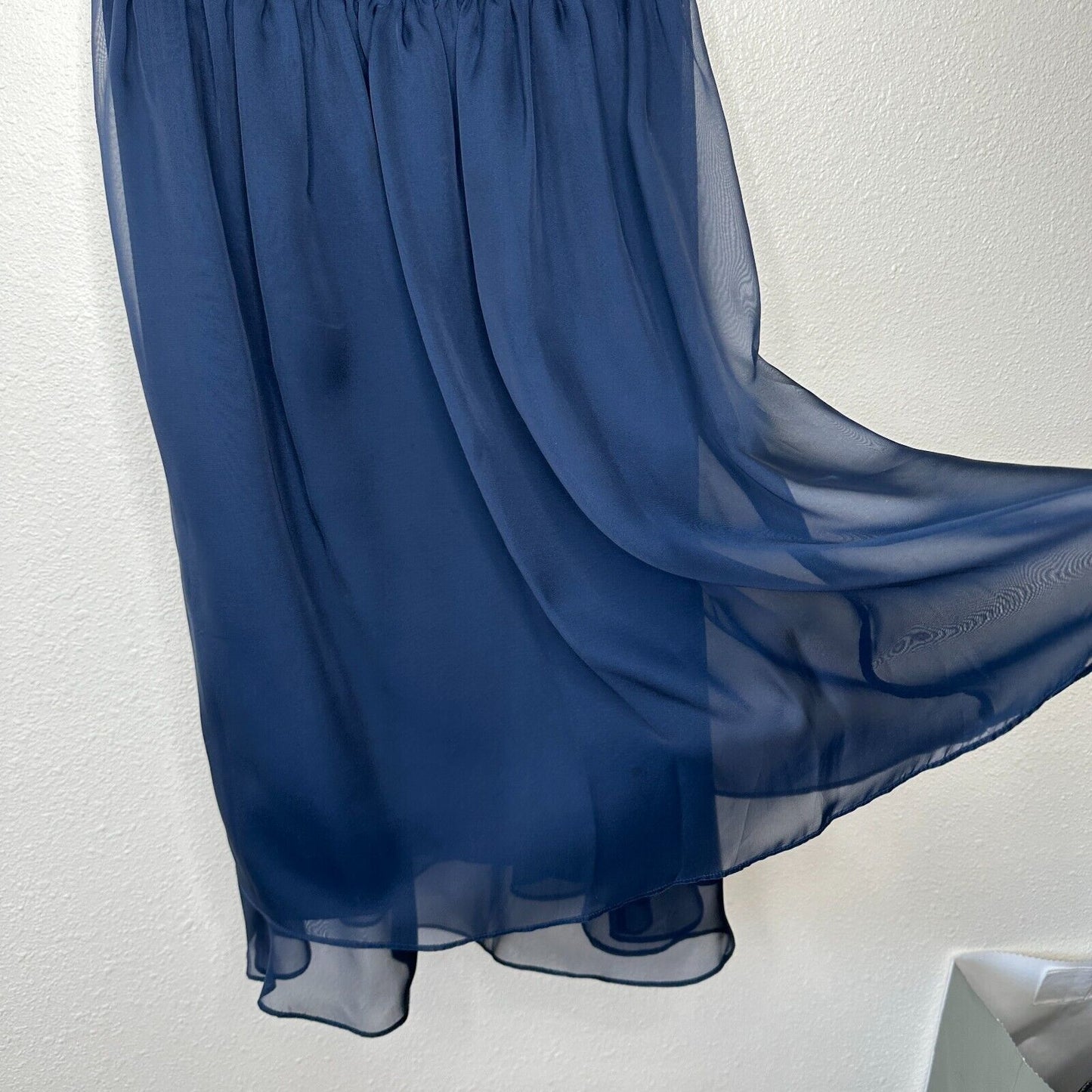 Hitherto Daylily Navy Sheer Shoulder Sleeveless Dress Ruched Side & Back Waist 0