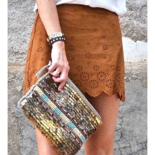 Zara Rust Brown Faux Suede Laser Cut Scalloped Hem Skirt L