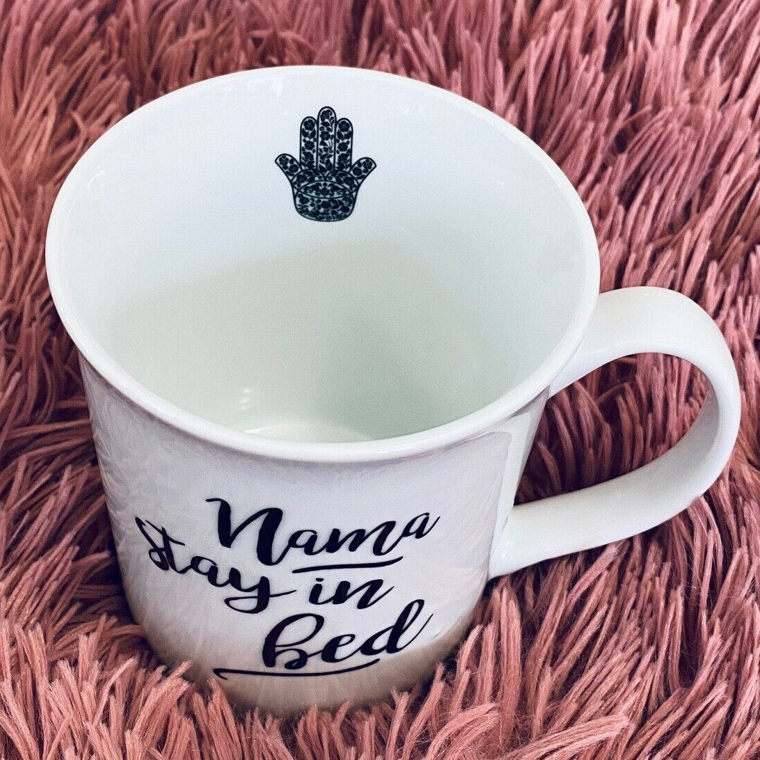 Fringe California Yoga Nama Stay in Bed 16 oz Mug Cup Black and White Yoga Hamsa
