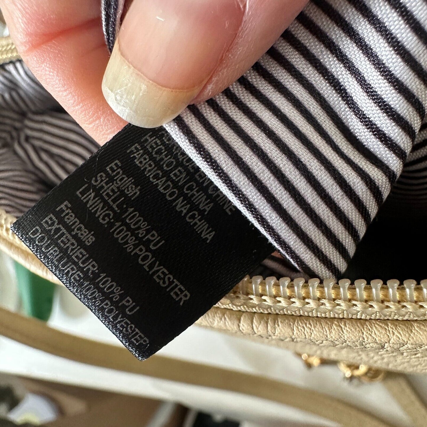 Desert Sand Tan and Gold Crossbody Bag Tassel Blue White Striped Interior Strap