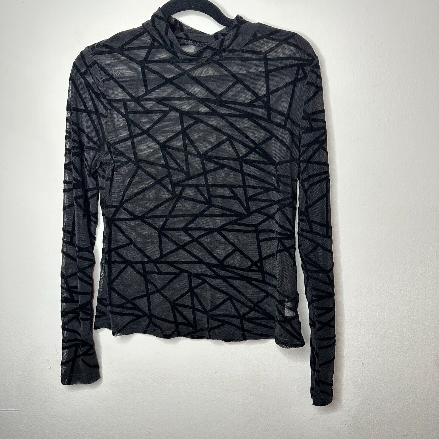 Jet Black Geometric Stripe Sheer Mesh Long Sleeve Mock Neck Stretch Blouse M