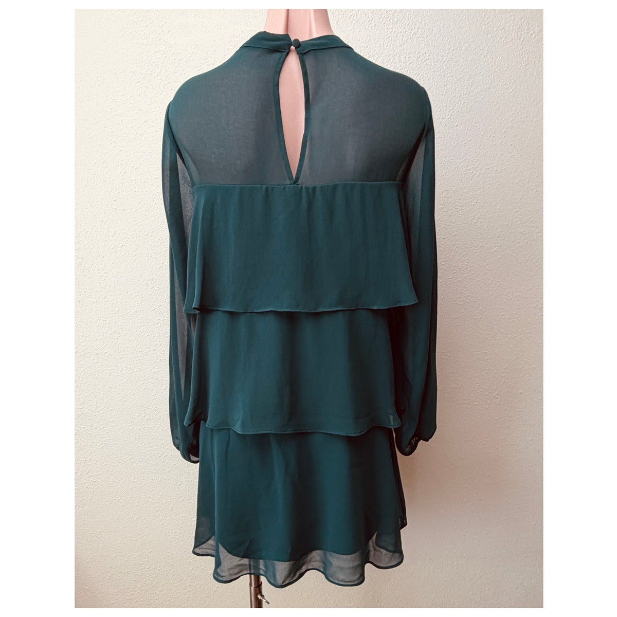 NWT Zara Green Chiffon Tiered Ruffle Long Sleeve Mini Dress Women's US S