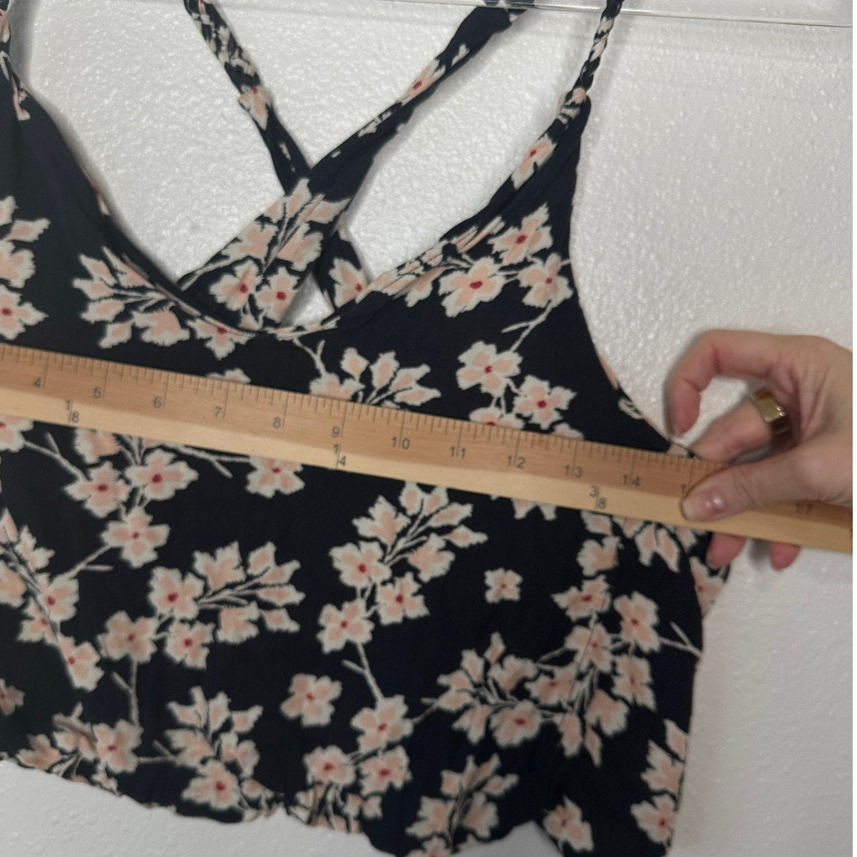 Boho Floral Braided Twist Back Tank Top XS Black Peach Cream Linen Summer Look