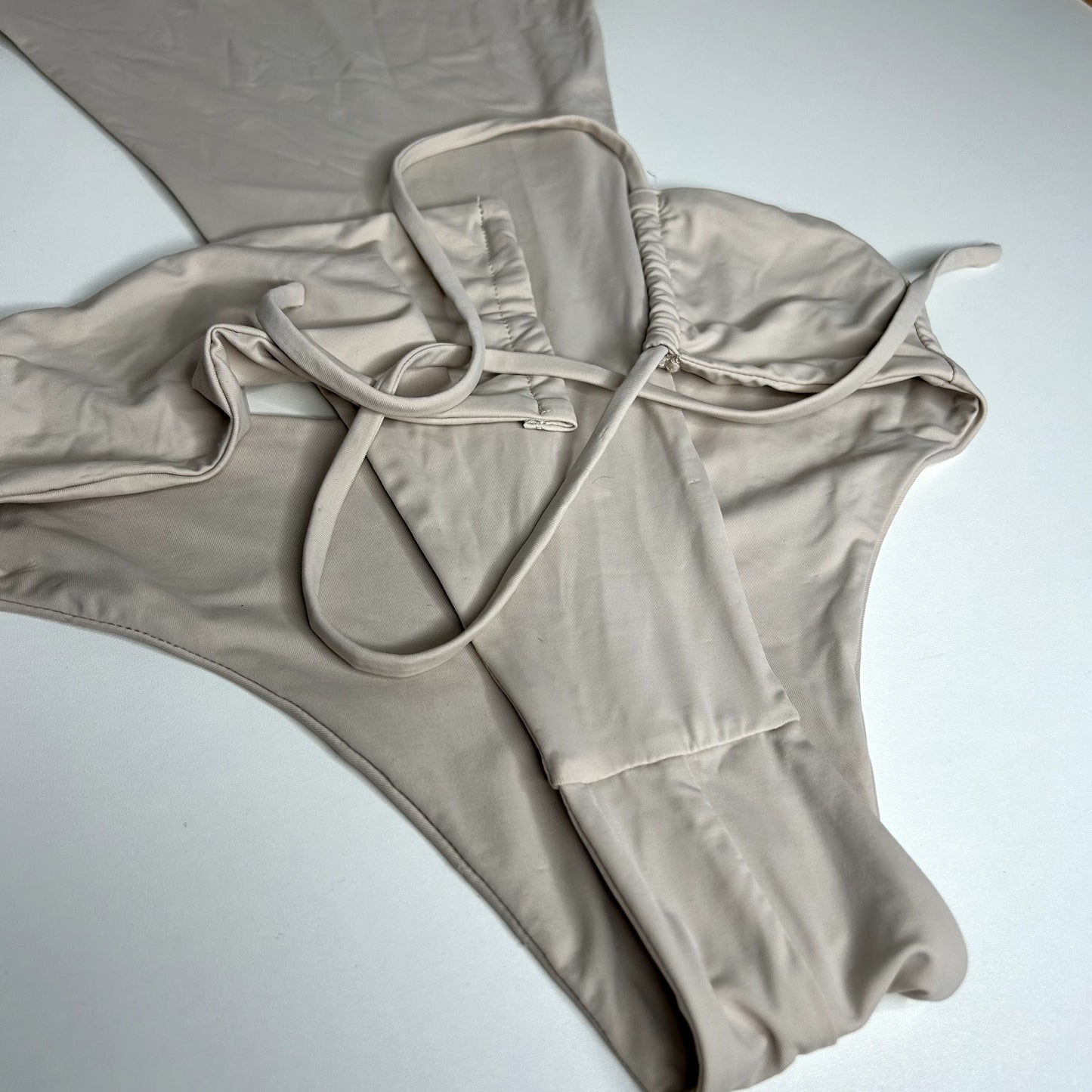 NWT Riot Swim Coconut Maddox 1-Piece 1-Shoulder Tie Waist High Leg Swimsuit SM