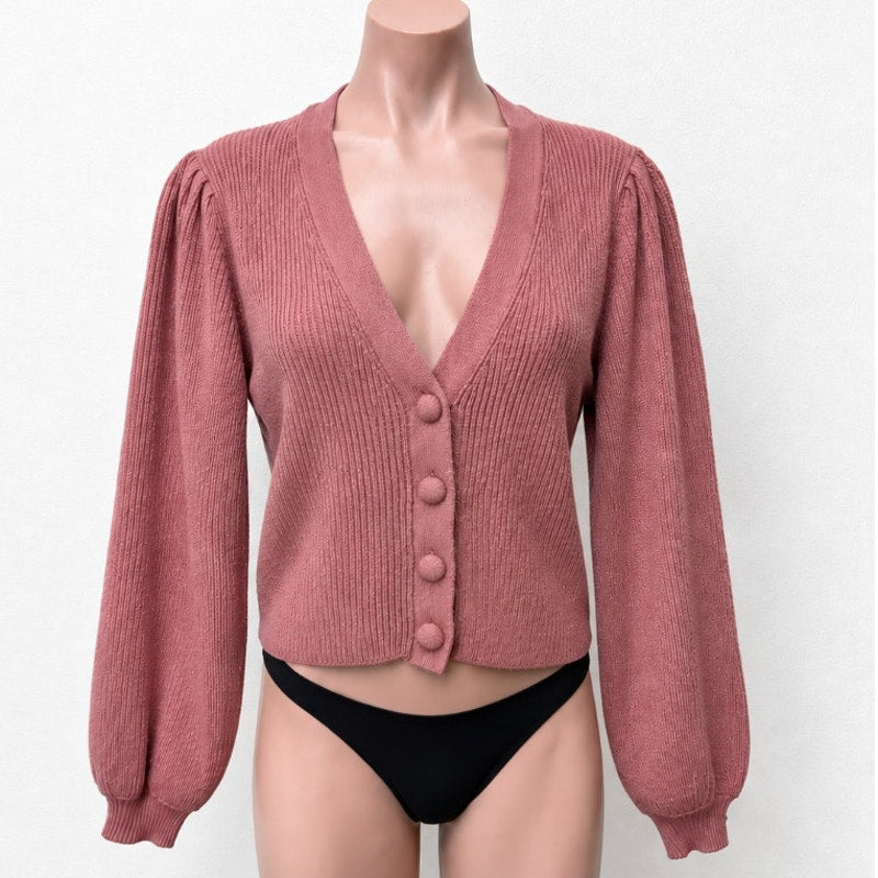 ZARA Mauve Balloon Sleeve V-Neck Cropped Button Chunky Knit Cardigan Sweater M