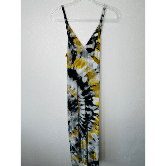 Chloe Silk Slip Maxi Dress Black Gray Yellow MultiColor Tie Dye abstract sz 2