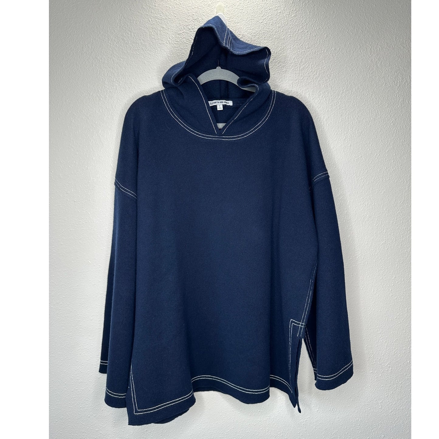 Elizabeth and James Navy with White Stitch Long Sleeve Hooded Sweater L