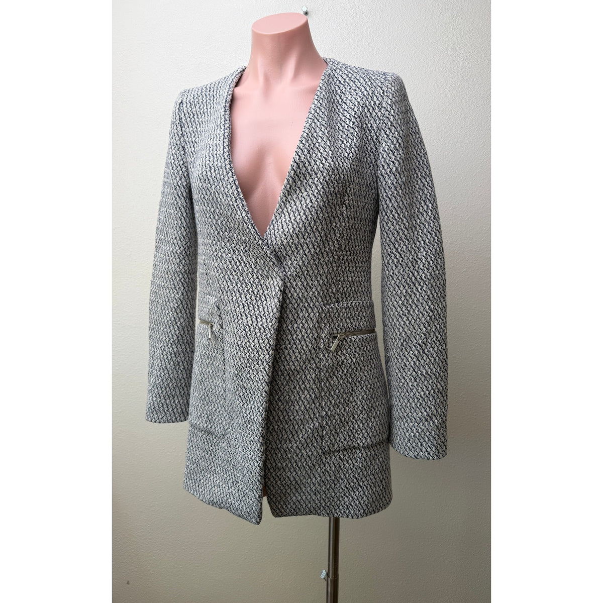 Zara Navy Ivory Tweed Collarless Blazer Women S