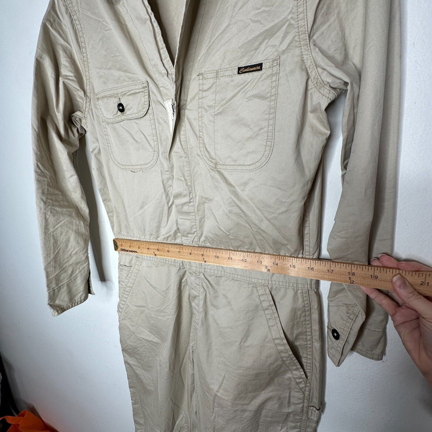 Civilianaire Khaki Twill Front-Zip Long Sleeve Pockets Utility Jumpsuit XS