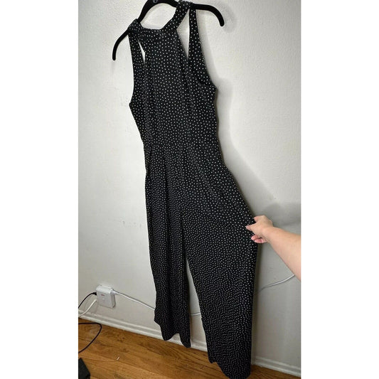 Audrey Halterneck Black White Polka Dot Open Tie Back Pleat Wide Leg Jumpsuit S