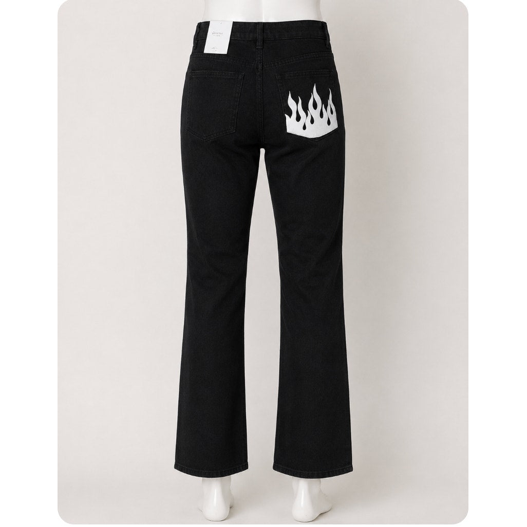 NWT Subdued Black Crop Flare Button Fly Raw Hem Front and Pocket White Flames 26