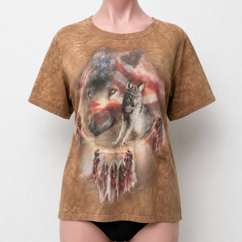 The Mountain Carol Cavalaris Wolves USA Dream Catcher Brown Tie Dye Tee Medium