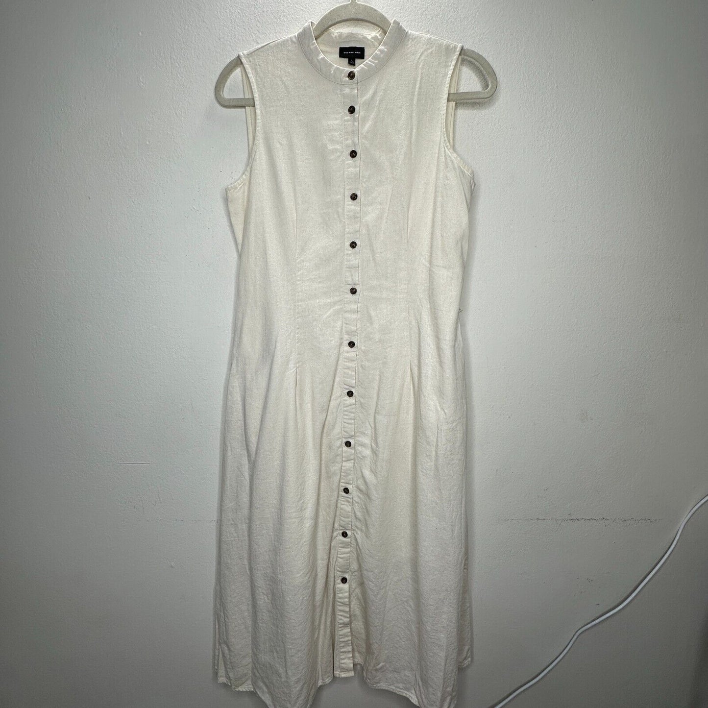 Whowhatwhere Cream Sleeveless Mock Neck Button Front Pocket Linen Midi Dress SM