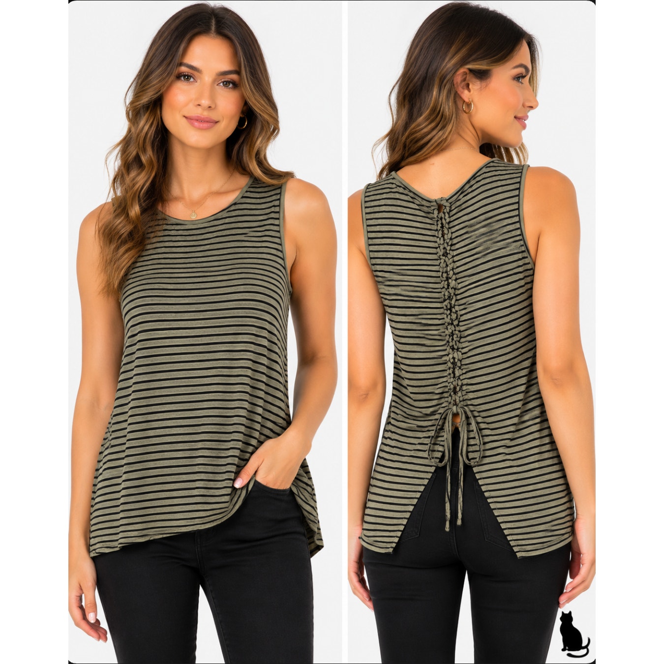 Peyton Jensen Olive & Black Strip Lace Up Back Crew Neck Sleeveless Tank Top XS