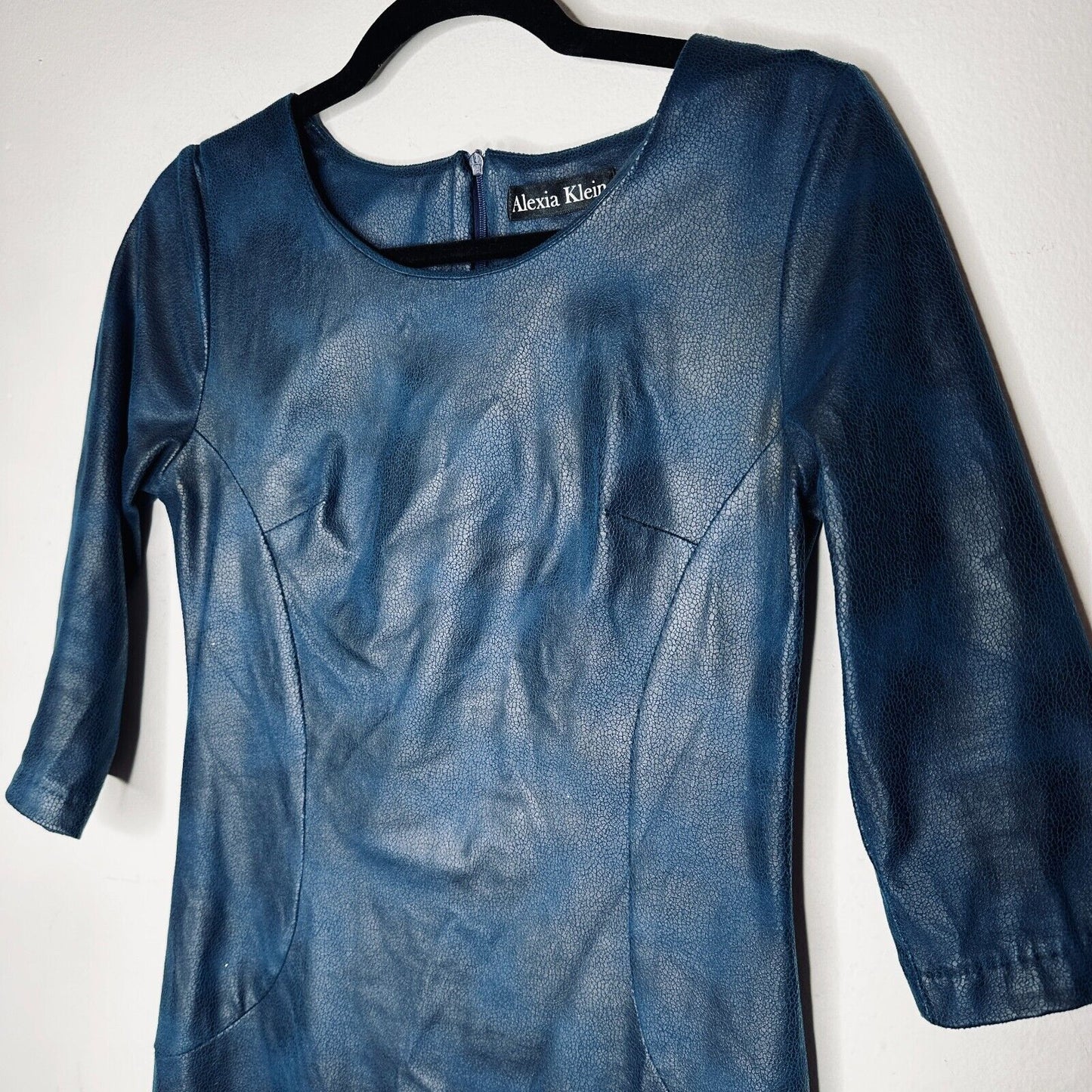 Alexia Klein Blue and Black Print Leather 3/4 Sleeve Round Neck Fitted Dress XS