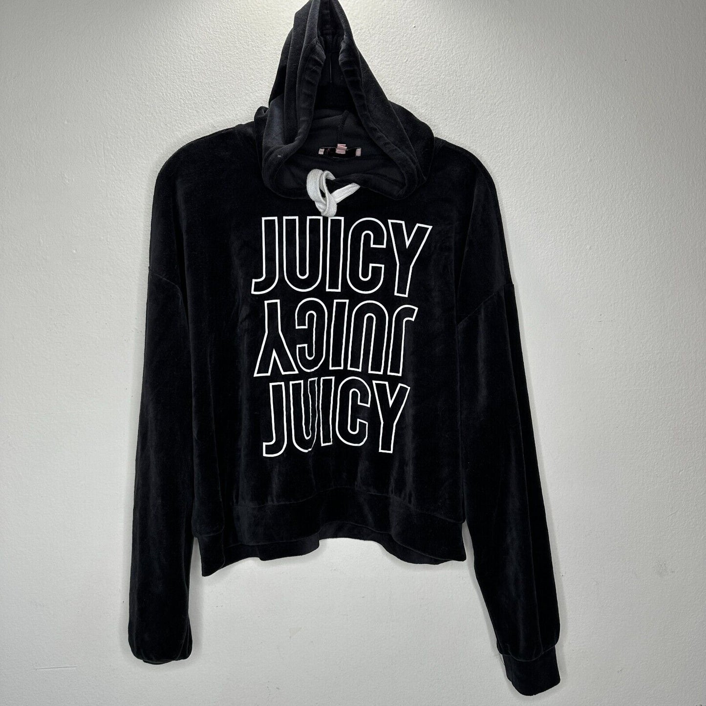 Juicy Couture Black Velour Long Sleeve Oversize Hoodie White Juicy Logo S