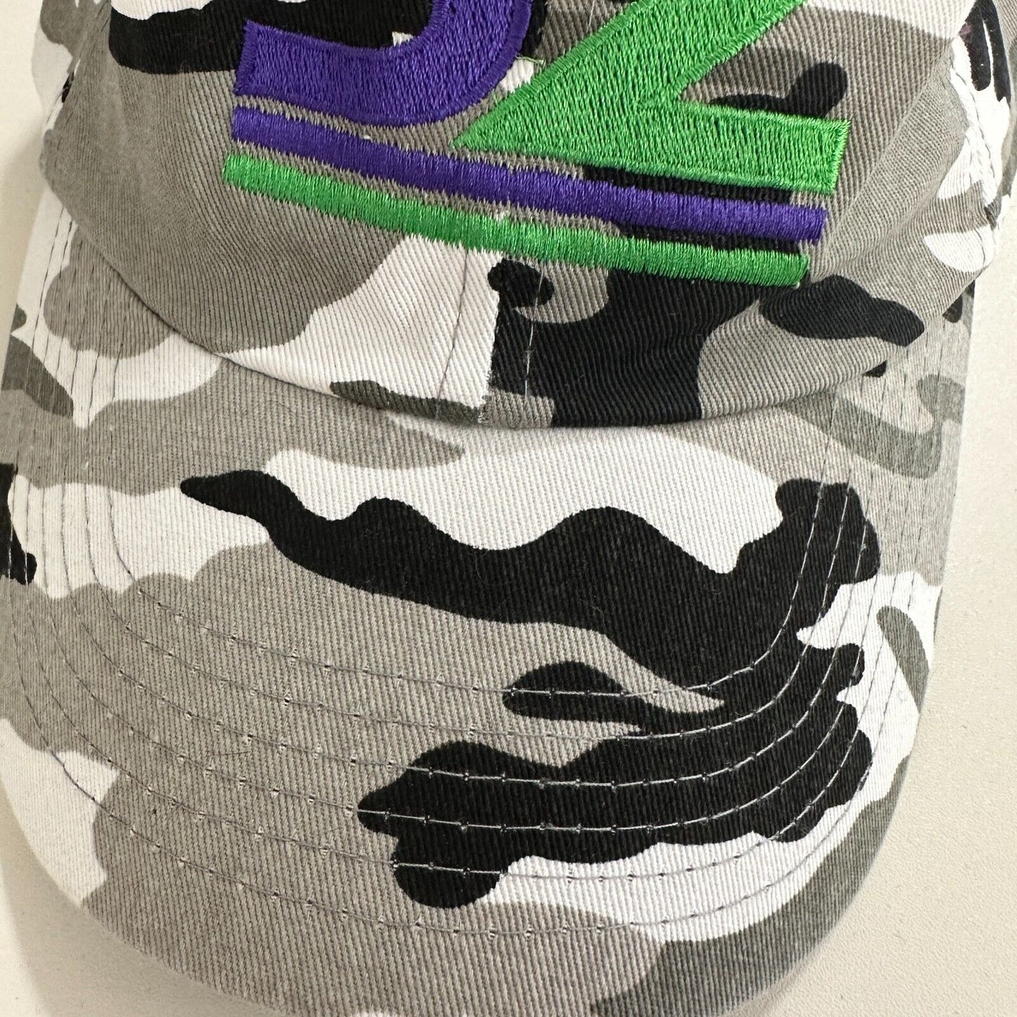 JZ Black Gray White Camo 100% Cotton Adj Baseball Cap Purple and Green JZ Logo