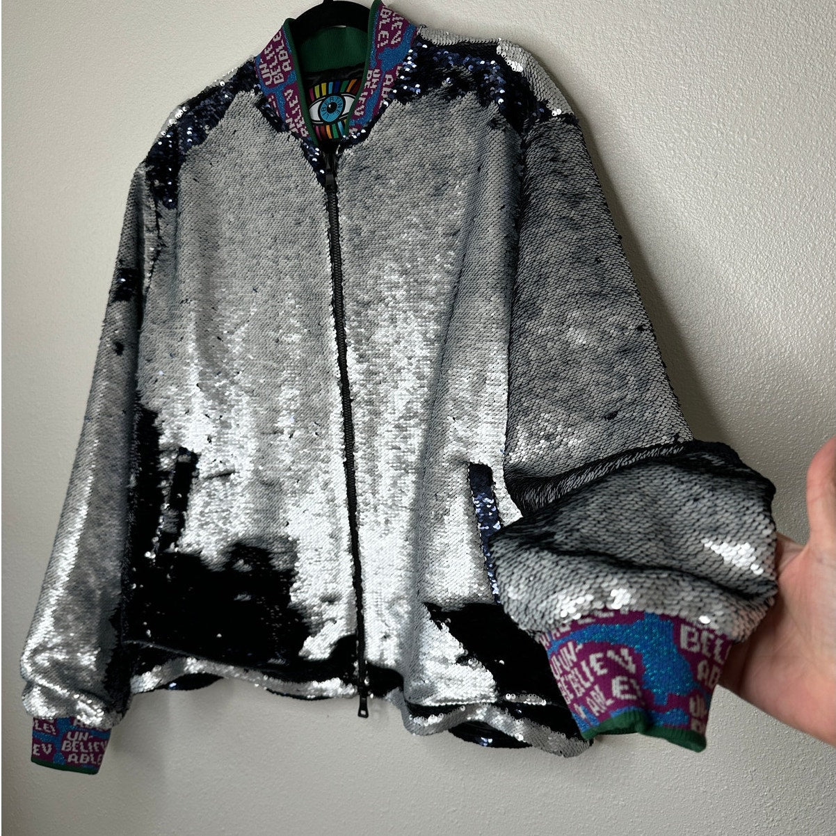 Libertine Silver Black Reversible Sequin Front Zip Long Sleeve Bomber Jacket XL