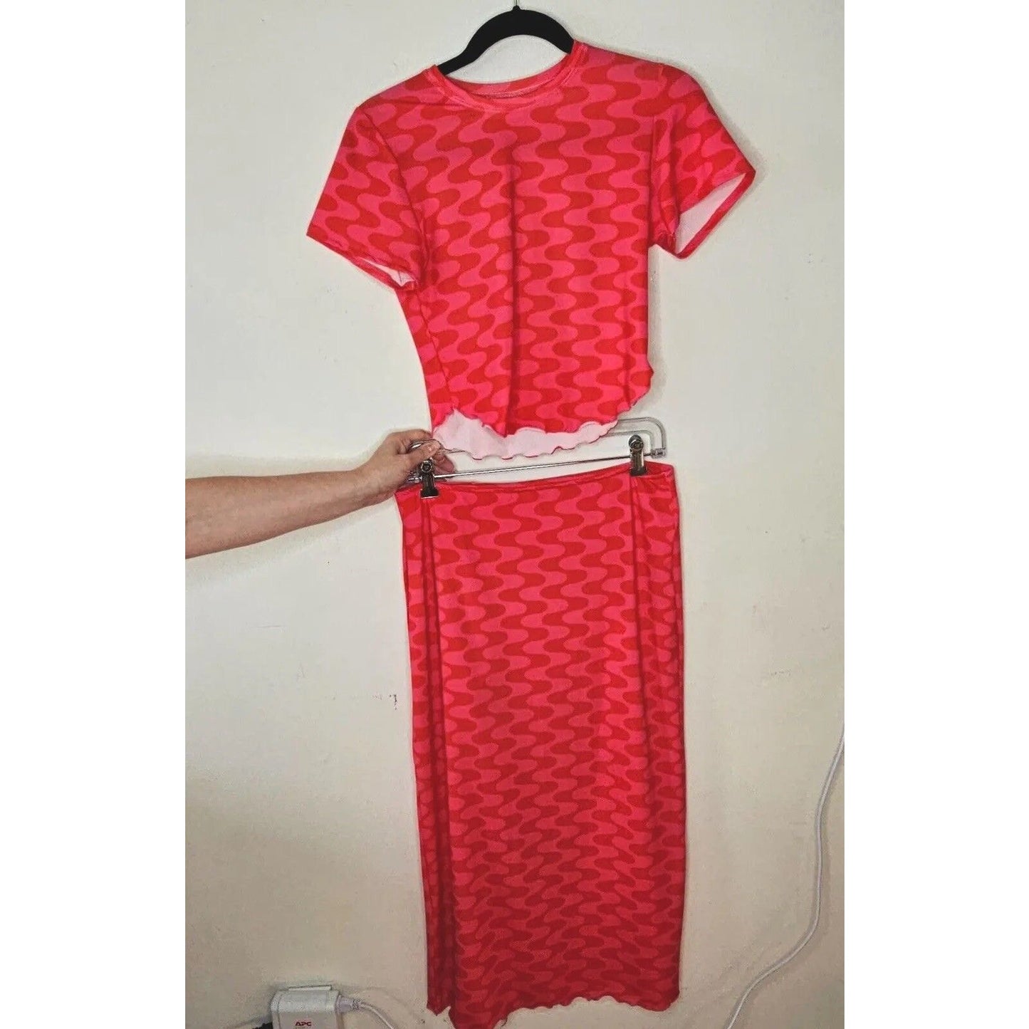 NWT Fensi Ssense Red Pink Wave Wrap Skirt & Short Sleeve Top M