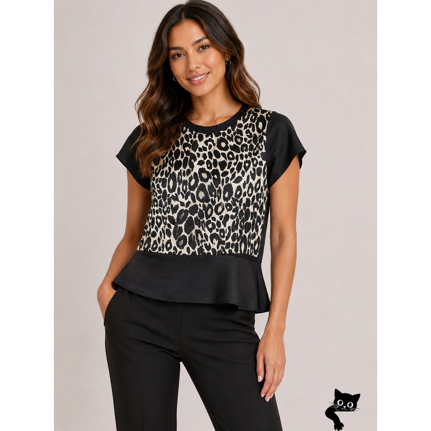 ASV Asava Black & Cheetah Print Satin Short Sleeve Back Zip Peplum Blouse 8