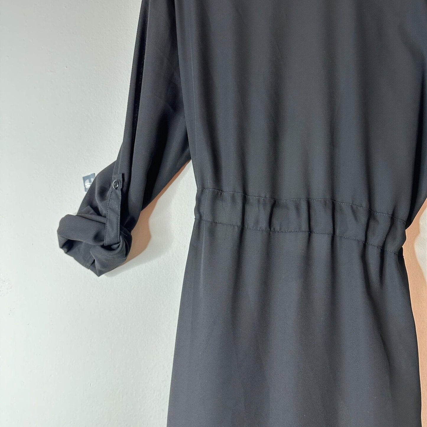 ReVamped Black Flowy Roll Tab Sleeve Tie Waist Waterfall Neck Wrap Dress Small
