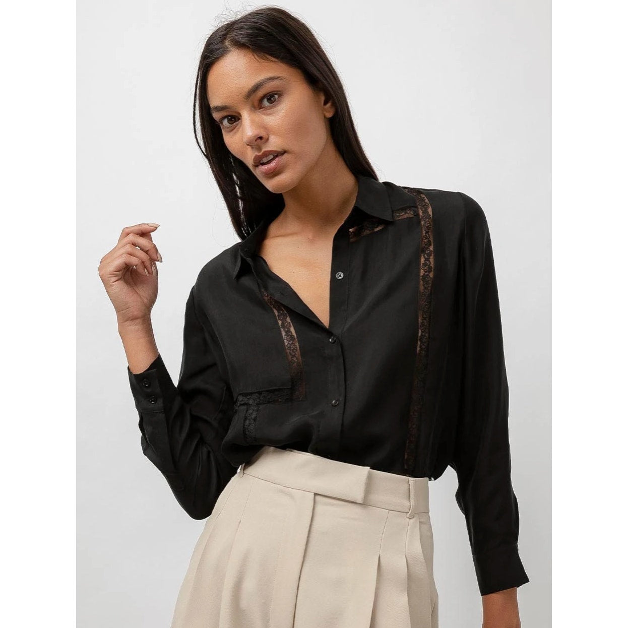 Rails Mona in Black Crepe Lace Long Sleeve Button Collared Shirt L