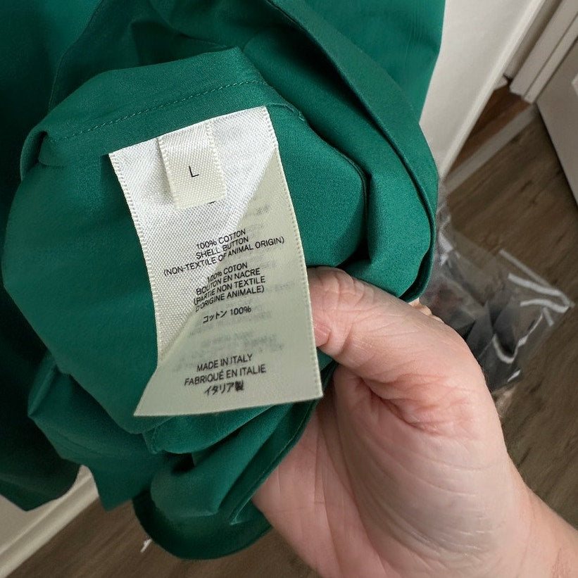 NWT The Row Green Tanita Long Sleeve 3/4 Button Collared Belted Shirtdress L