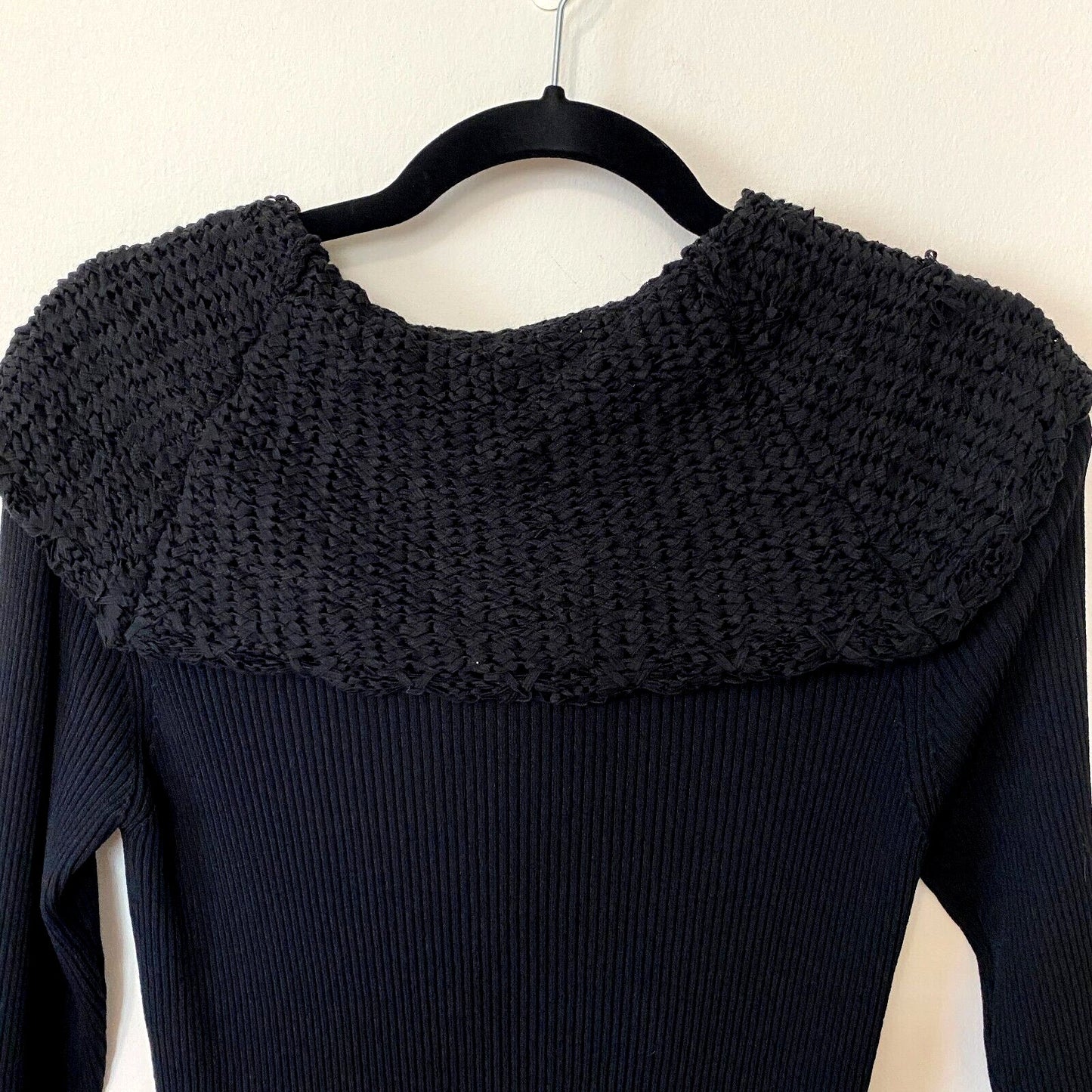 Black Long Sleeve Stretchy Blouse Shawl Cowel Crochet Wide Neckline Medium