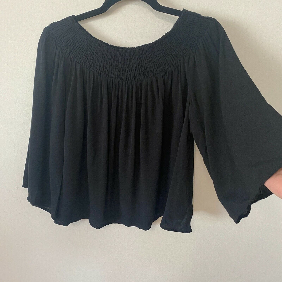 Aritzia Talula Marcilly Off Shoulder Ribbed Black Flowy Blouse Bell Sleeve SM