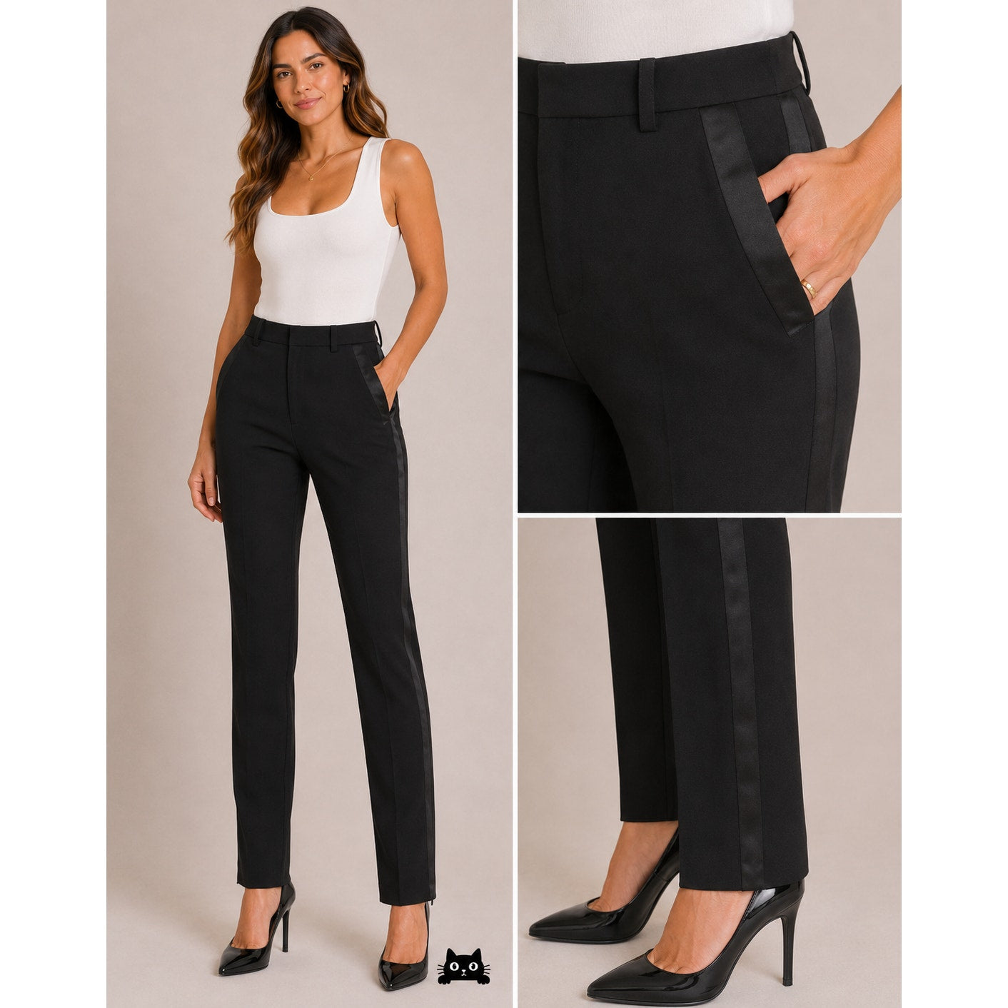 Saint Laurent Women’s Black Tuxedo Pants Satin Stripe Zip Hem IT 42/ US 6