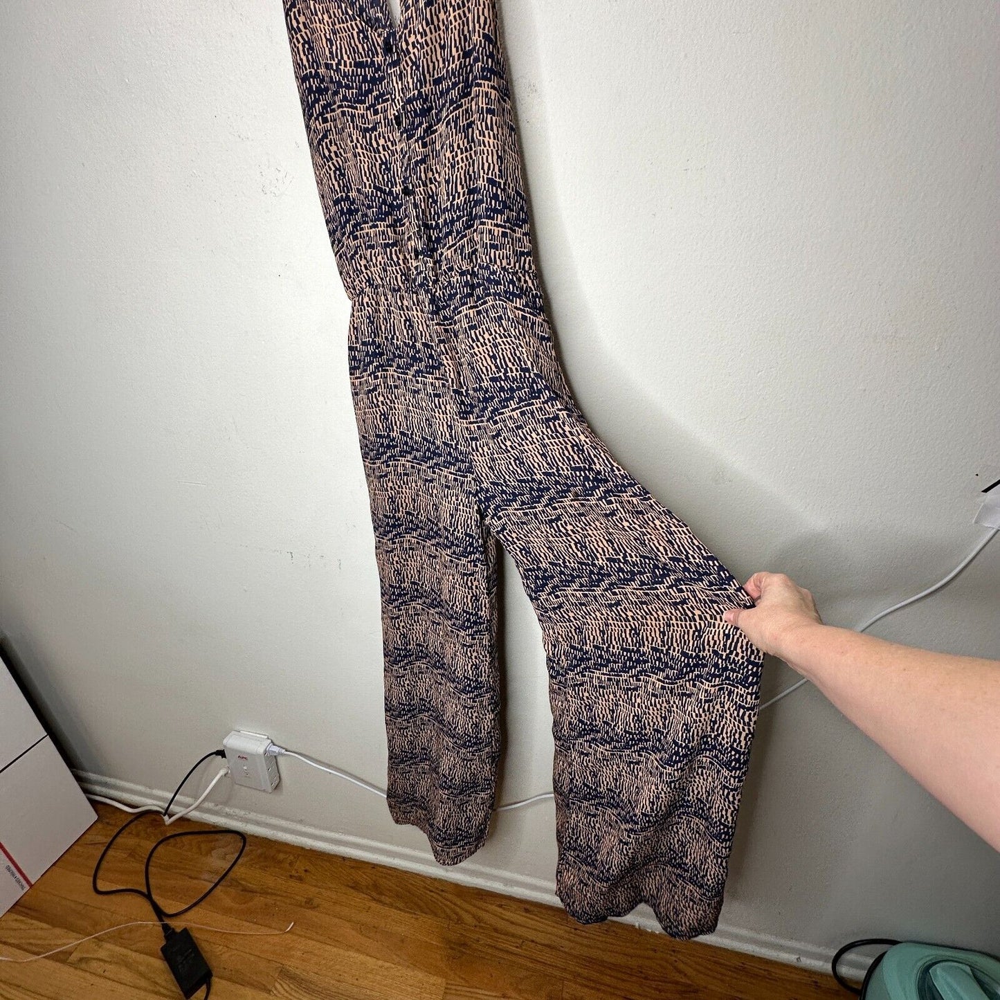 Fora Tan & Navy Front Button Strappy Decorative Back Wide Leg Jumpsuit Small