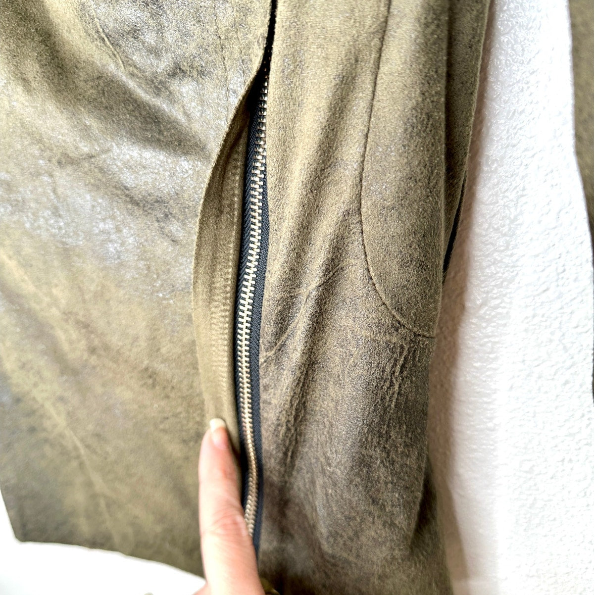 Zara Olive Green & Black Suede Long Sleeve Side Zip Cowel Neck Jacket XS