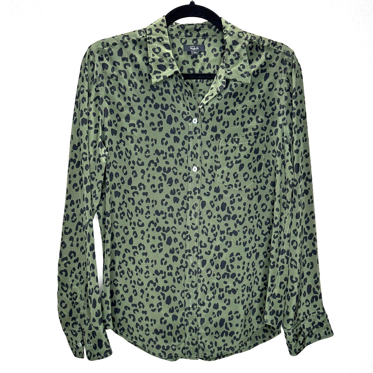 Rails Kate Olive Cheetah Print Long Sleeve Button Down Silk Blouse S