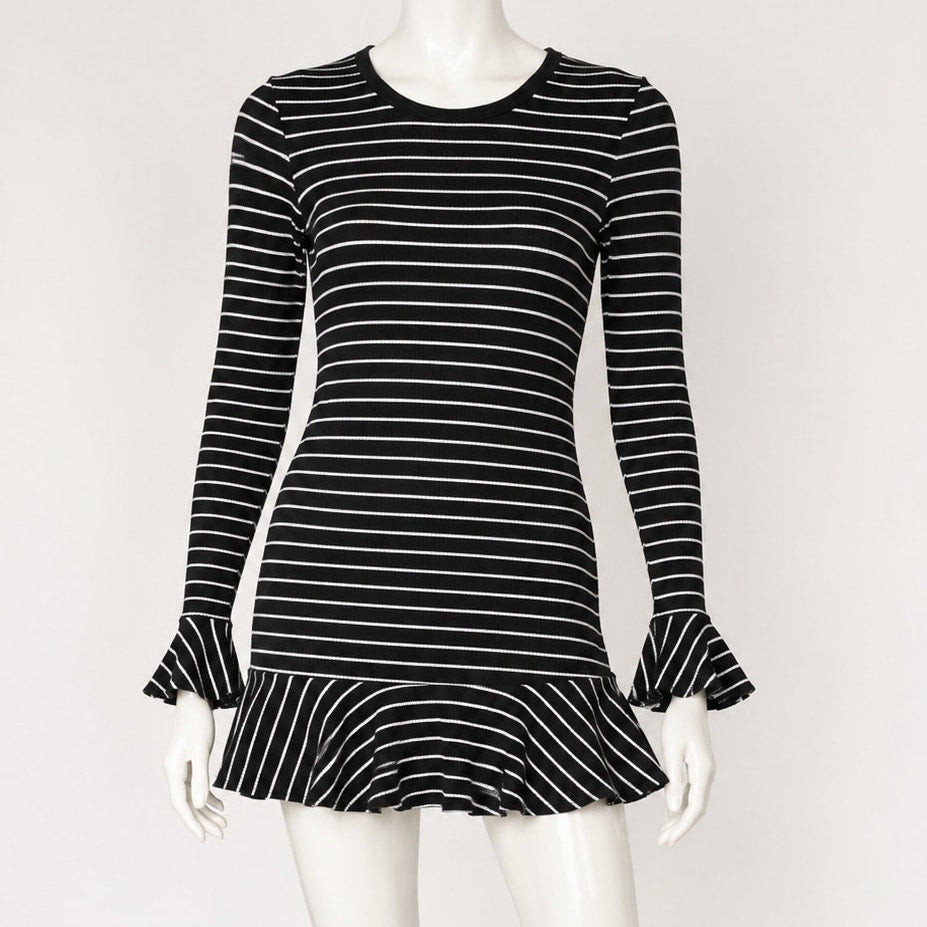 Saylor Black & White Stripe Tessa Bell Long Sleeve Keyhole Tie Knit Dress S