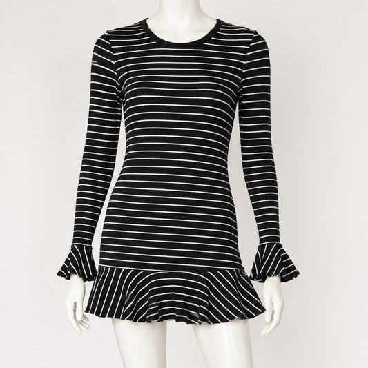 Saylor Black & White Stripe Tessa Bell Long Sleeve Keyhole Tie Knit Dress S