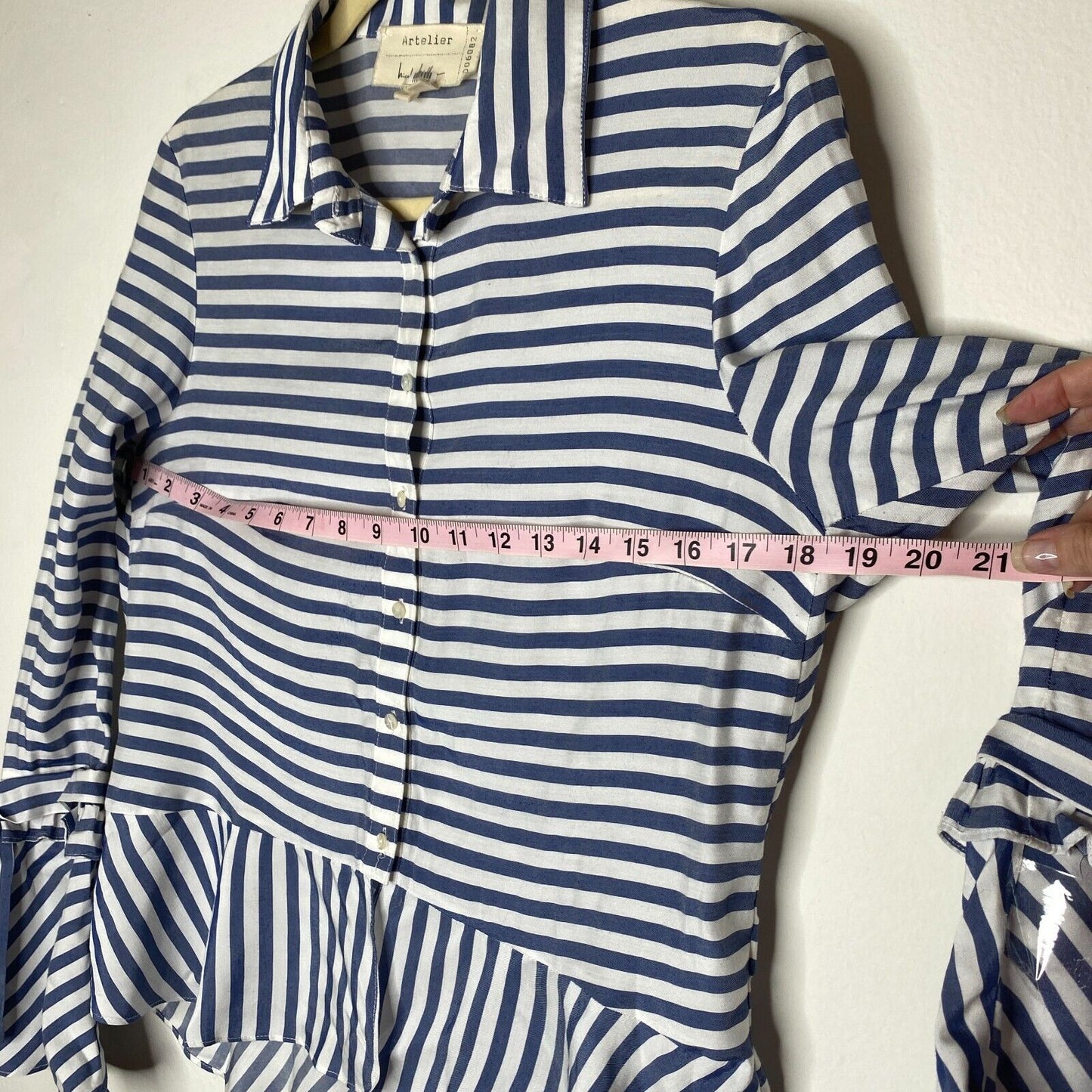Artelier Blue and White Stripe Collar Button Down Bell Tie Sleeve Blouse XS