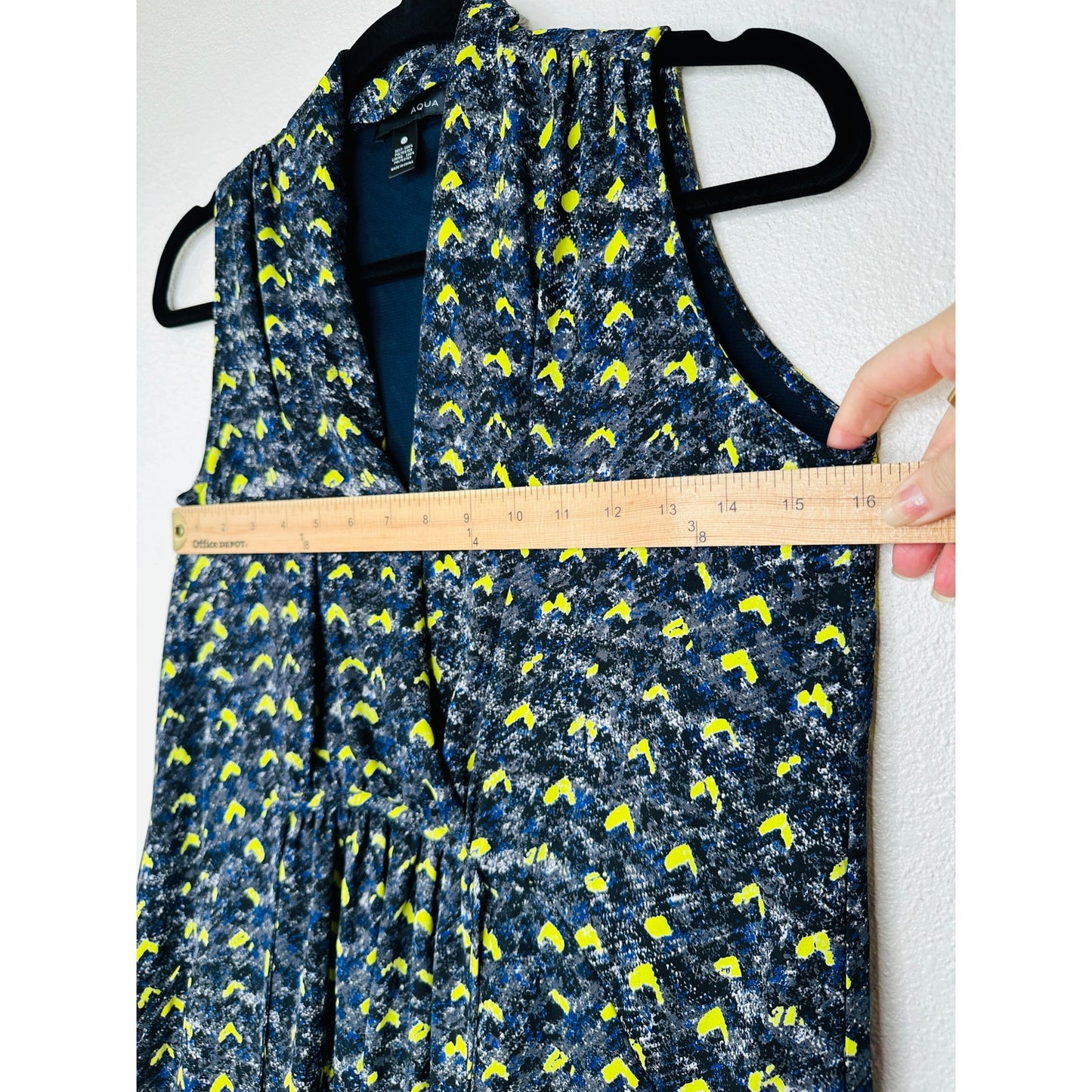 Aqua Florescent Yellow Blue Gray Print Faux Wrap Dress XS