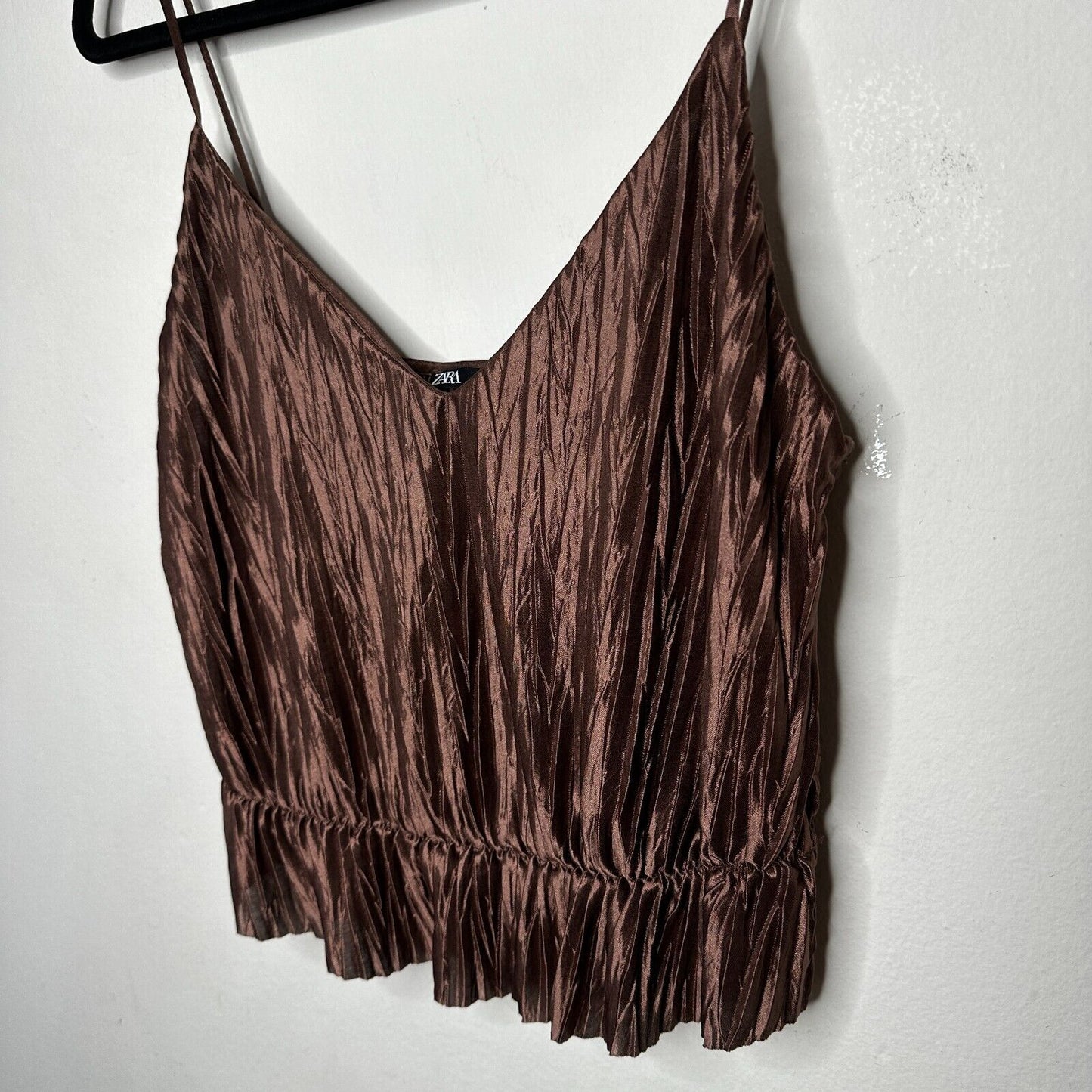 Zara Bronze Brown Travel Crinkle Satin Peplum Tank Spaghetti Strap V-Neck S