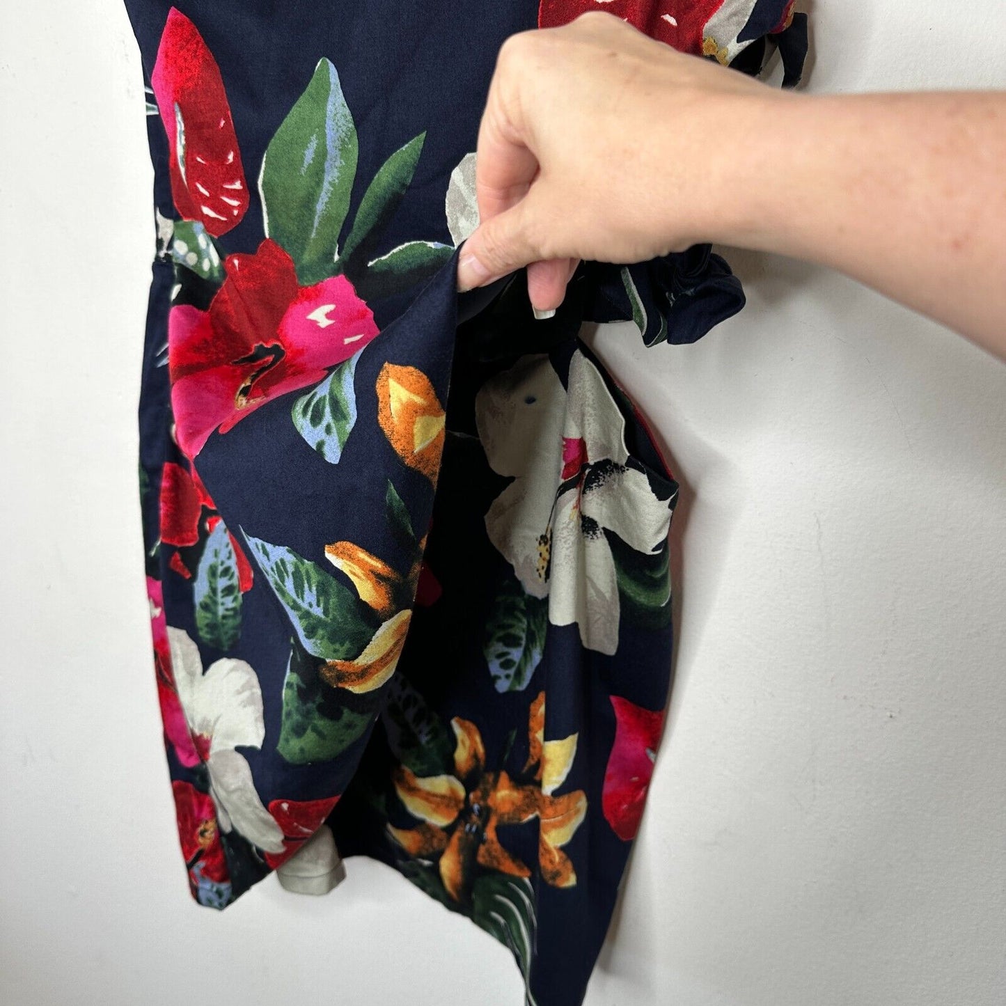 Zara Navy Red White Floral 3 Side Tie One Shoulder Mini Dress Side Zip Medium