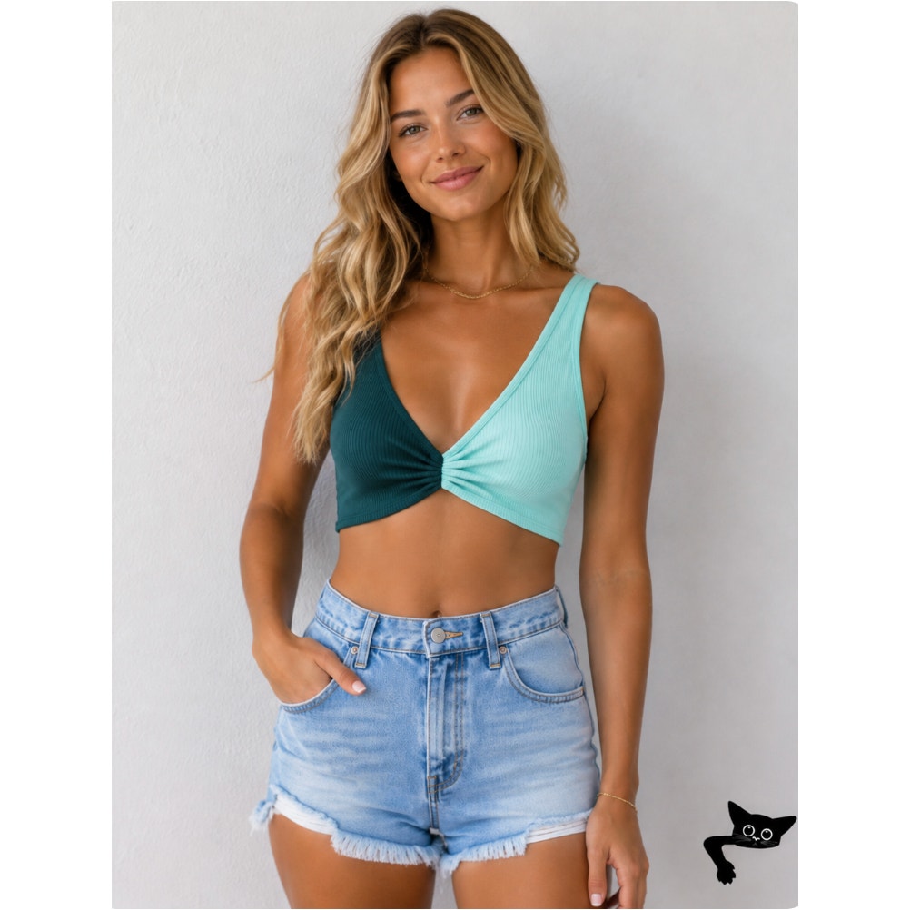 NWT Teal & Black Color Block Front Ruche Stretch Scoop Neck Crop Bralette M