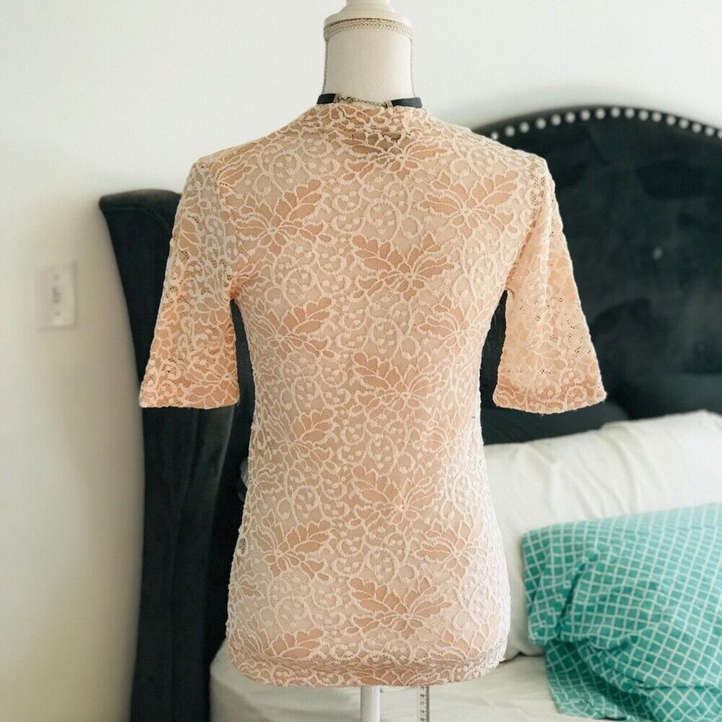 Mock Neck Bell Short Sleeve Blouse Sheer Floral Lace Design M
