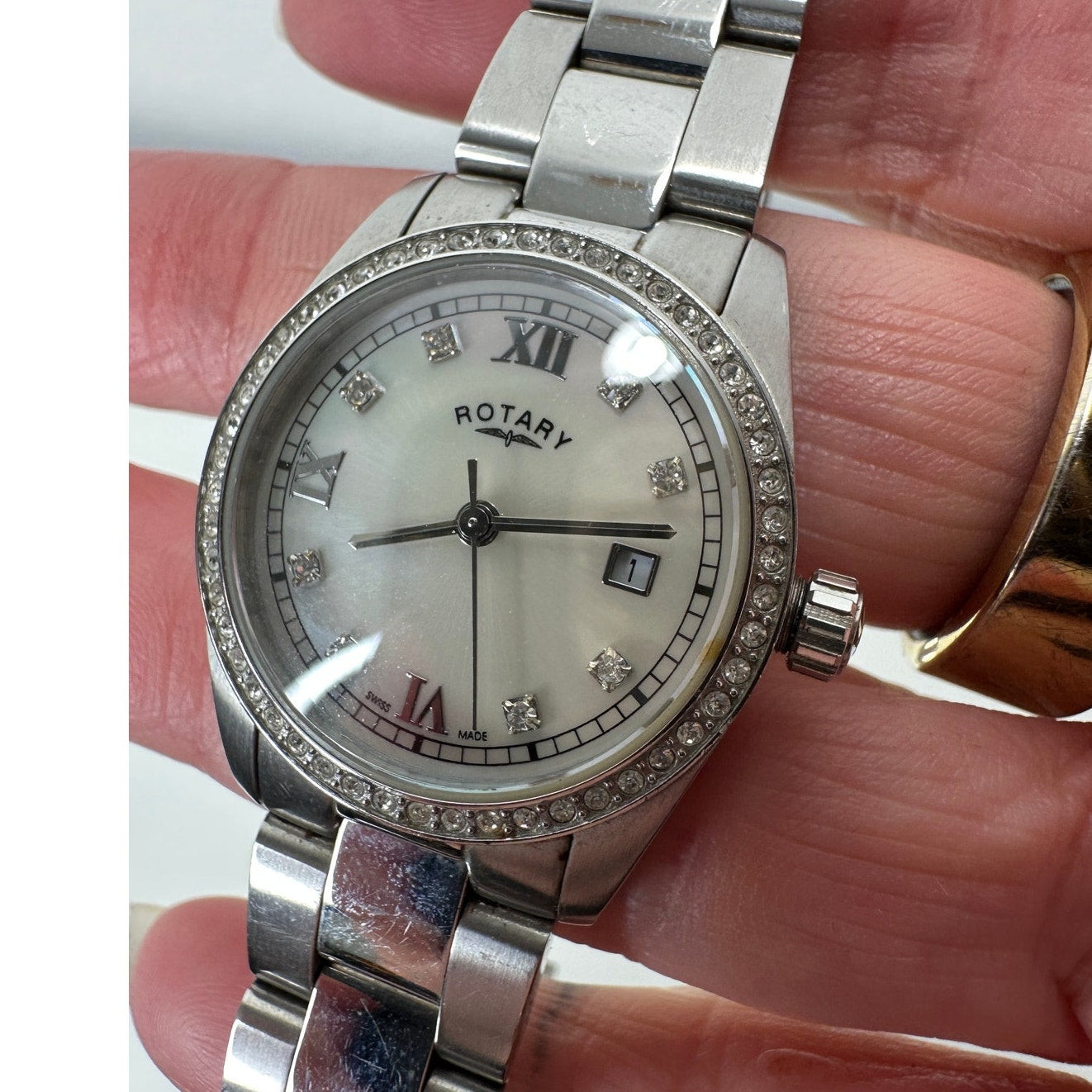 Rotary Havana Silver Diamond Bezel Pearl Face Quartz Watch