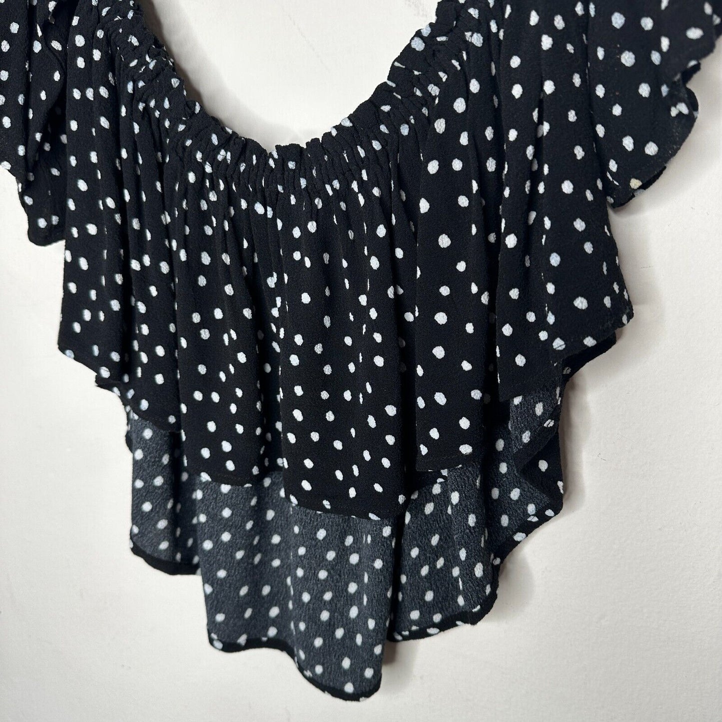 Revolve NBD Cute Black & White Polka Dot Off-Shoulder Ruffled Crop Top Blouse L